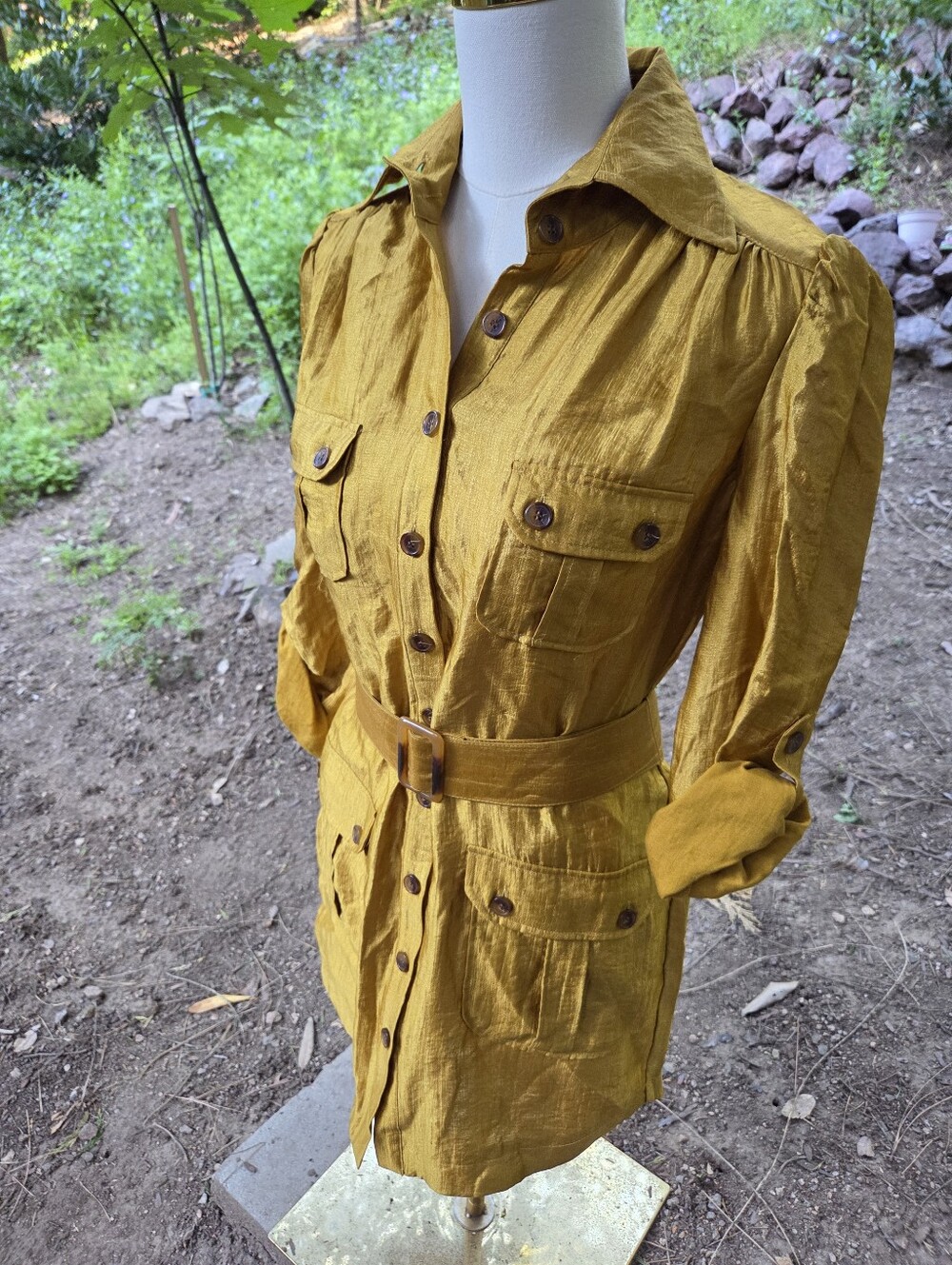 Bebe Yellow Gold Belted Shirt Button Up Dress Size Small - Picture 2 of 7
